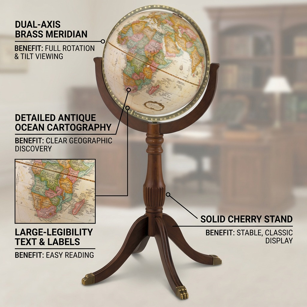 Replogle Sherbrooke – Globe sur pied 16 po antique EN — Infographie présentant les caractéristiques