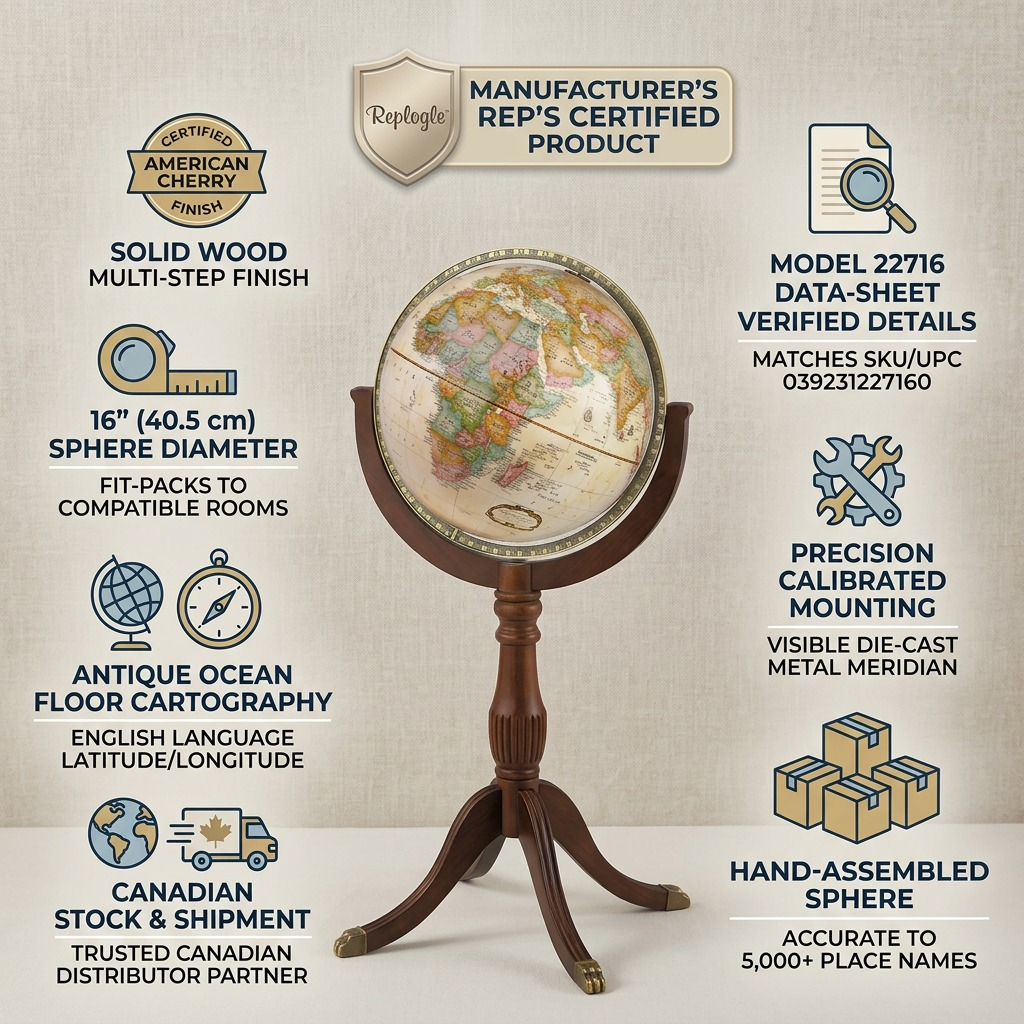 Replogle Sherbrooke – Globe sur pied 16 po antique EN — Infographie présentant les caractéristiques