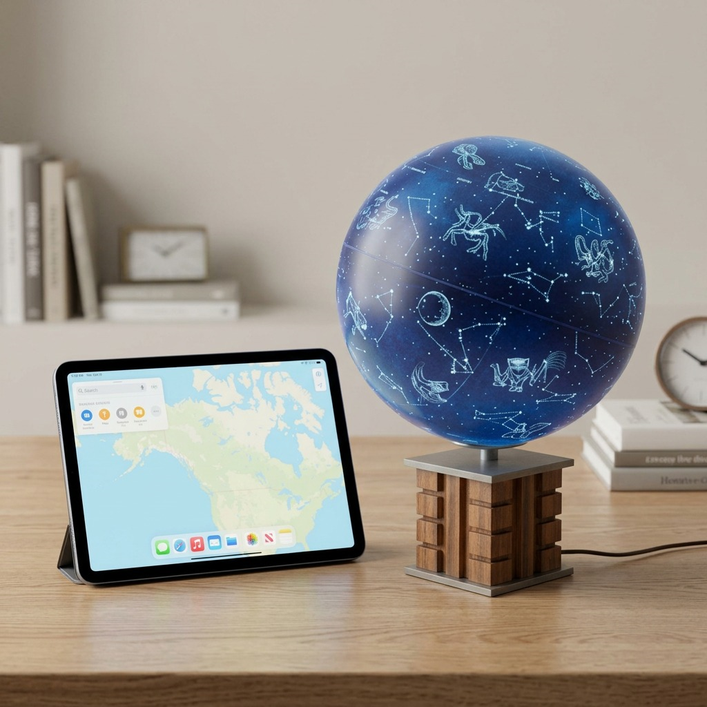 Pure high-resolution hero shot of the illuminated blue constellation globe on a wood base, centered on a white background.