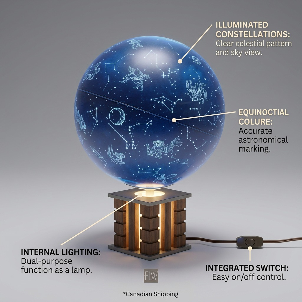 Replogle GLENCOE CONSTELLATION – Globe lumineux EN — Infographie présentant les caractéristiques