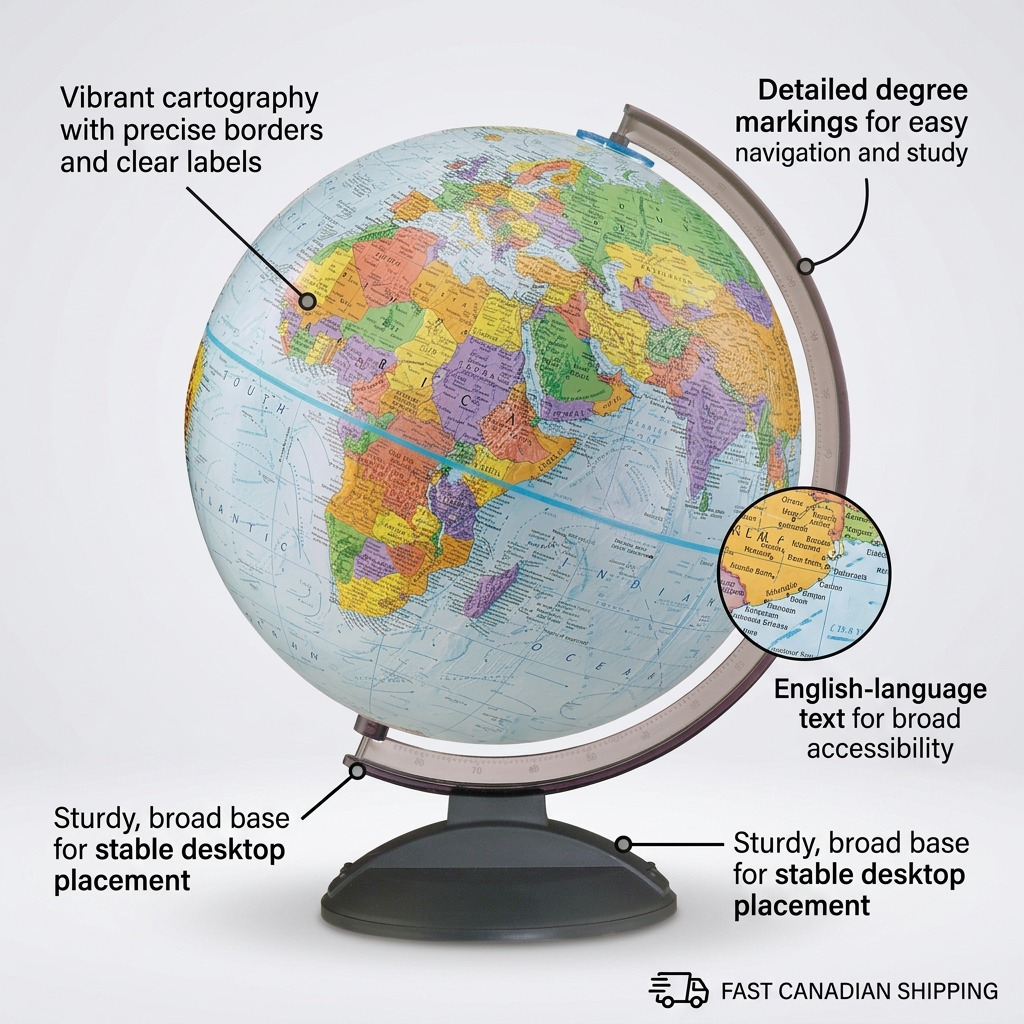 Product image of the Replogle Globemaster globe with callouts for its vibrant cartography, degree markings, English text, and sturdy base.