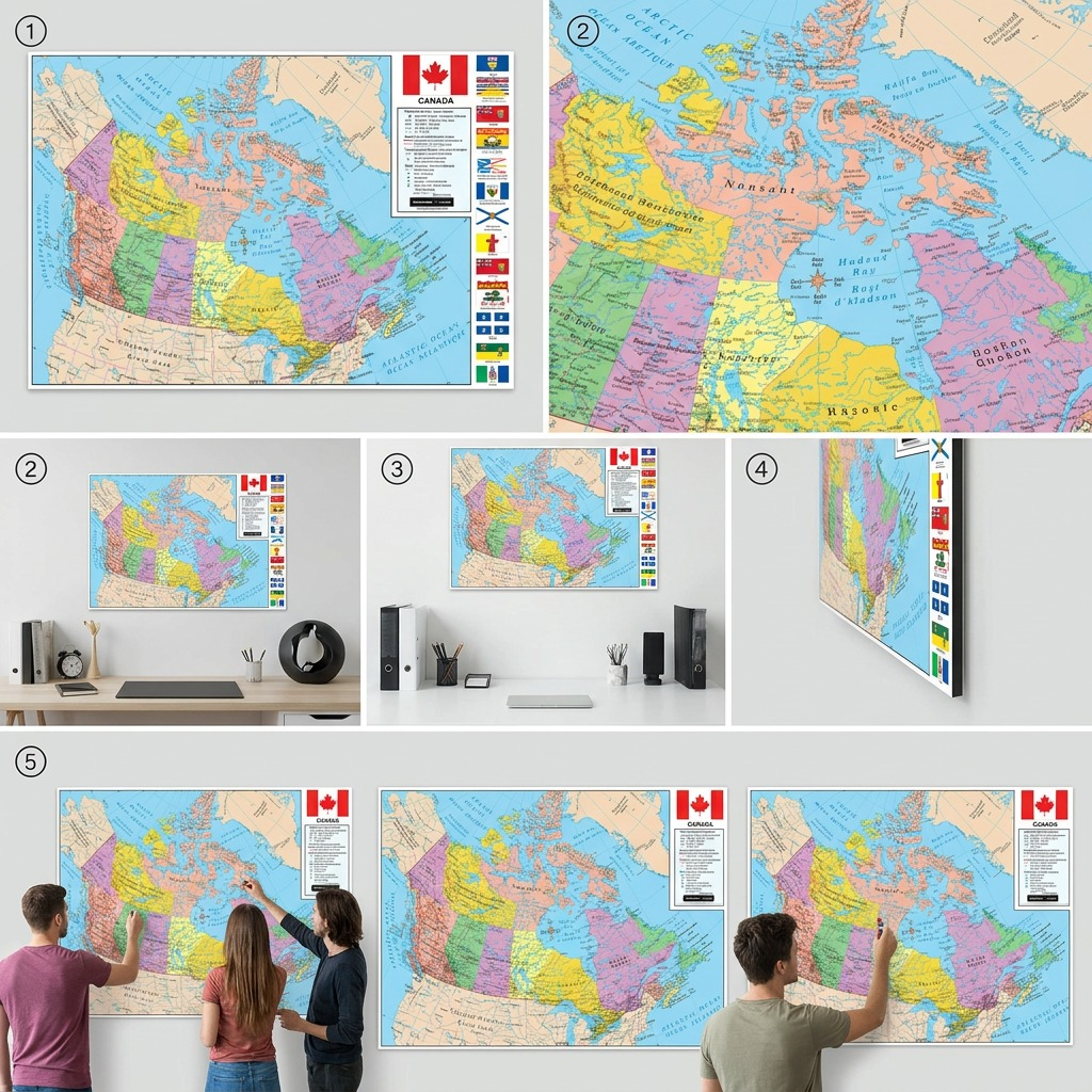 A visual gallery of five distinct angle shots and a detail view of the same single wall map product.