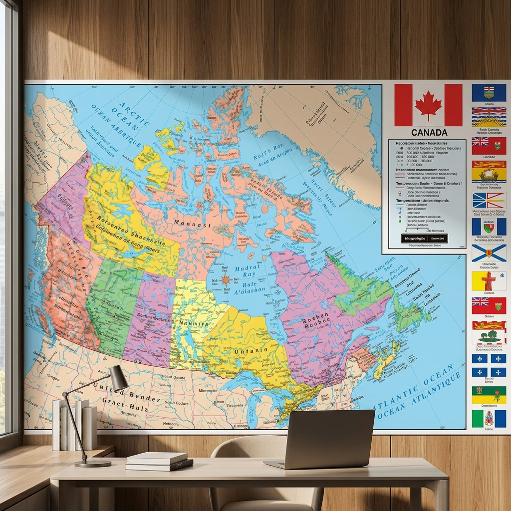 Replogle Globes Canada wall map 72117 displayed as a mounted, large-scale reference on a wooden home office wall.