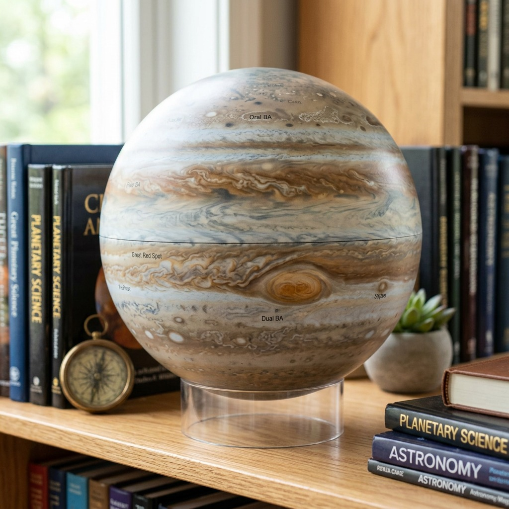 A detailed Jupiter globe on a clear stand sits on a wooden bookshelf next to astronomy books, in a library.