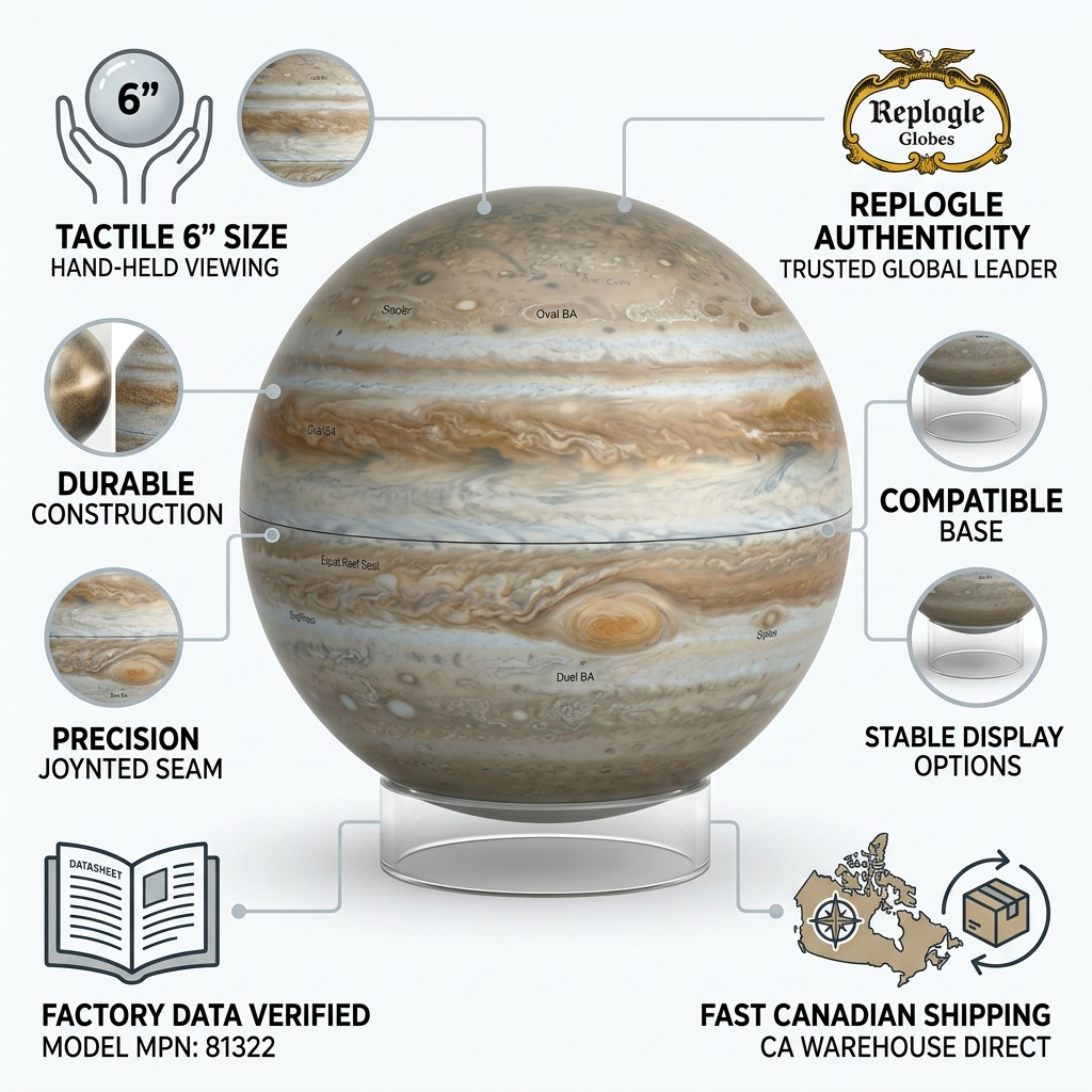 Infographic for Replogle Jupiter globe detailing the 6" diameter, Canadian shipping, and authentic design.