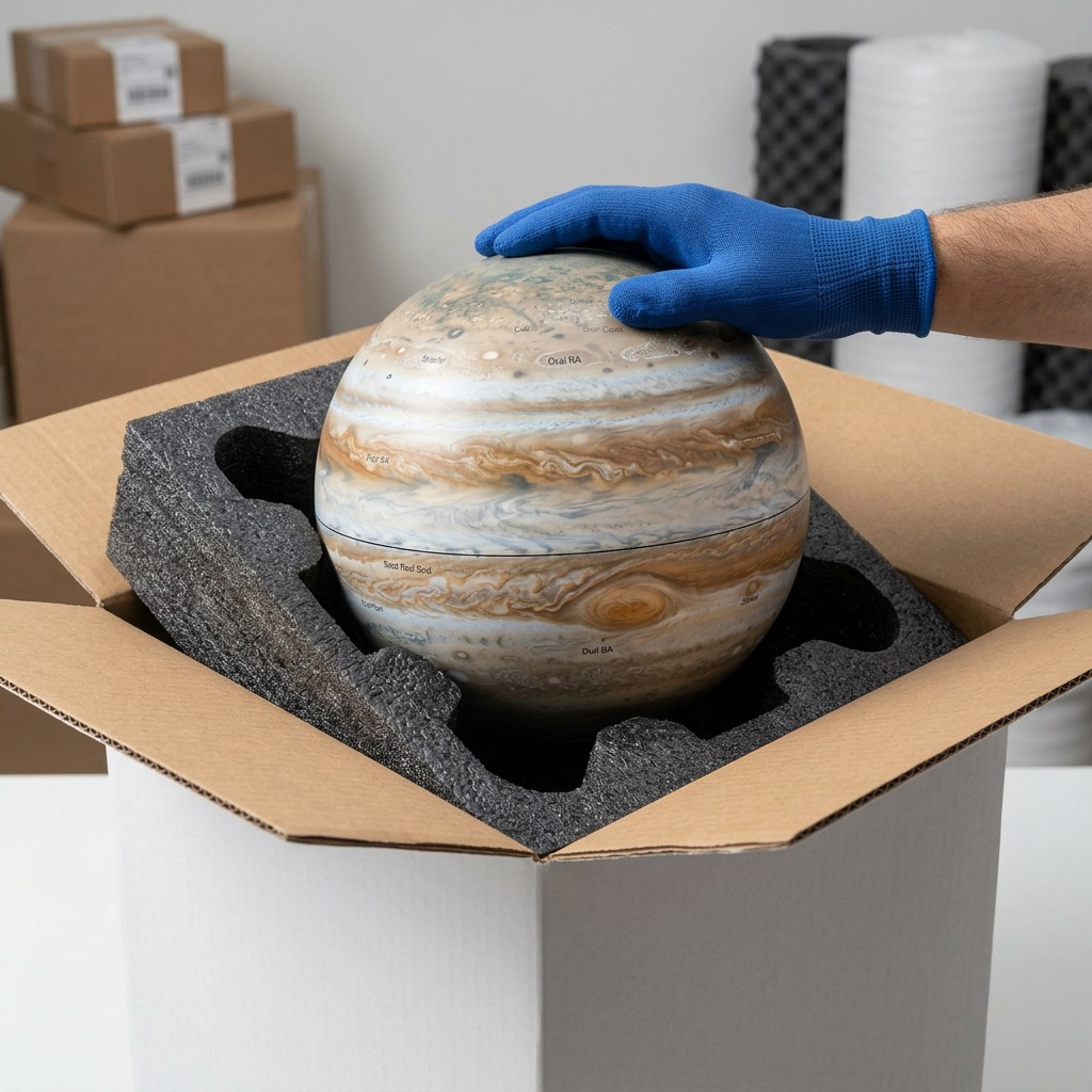 A Jupiter planet globe nestled in tight fitting foam inserts is pulled from a shipping box, unboxed.