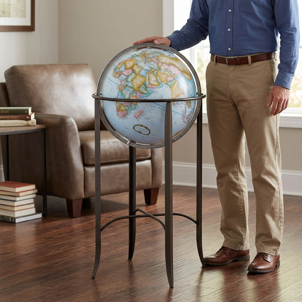 High-resolution hero shot of the Trafalgar 16" blue ocean floor globe on its metal stand against a pure white background.