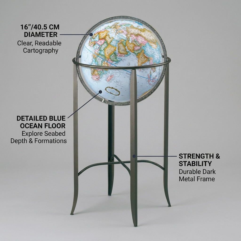 Replogle Trafalgar – Globe sur pied 16 po bleu EN — Infographie présentant les caractéristiques