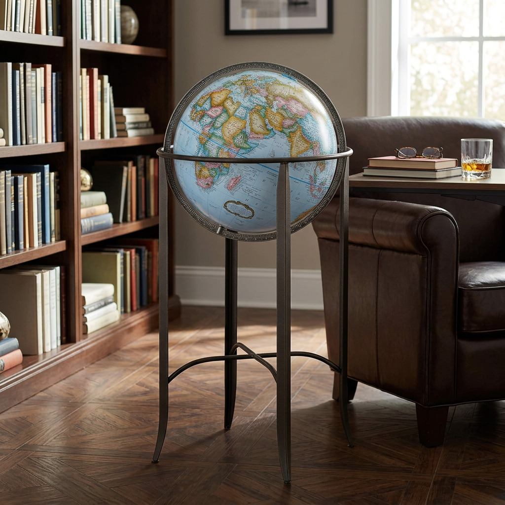 Replogle Trafalgar – Globe sur pied 16 po bleu EN — Présentation dans un décor de bureau ou de maison