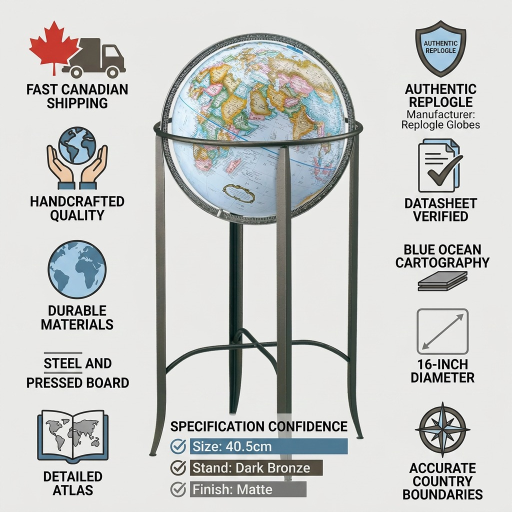 Replogle Trafalgar – Globe sur pied 16 po bleu EN — Infographie présentant les caractéristiques