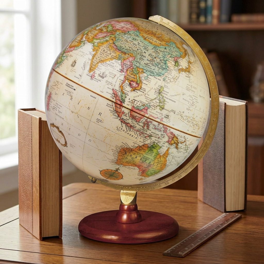 A high-resolution ecommerce hero shot of the vintage-style Replogle Globes Piedmont desk globe (French edition), featuring an antique ocean map, brass meridian, and cherry-finished wood base, centered on a pure white background.