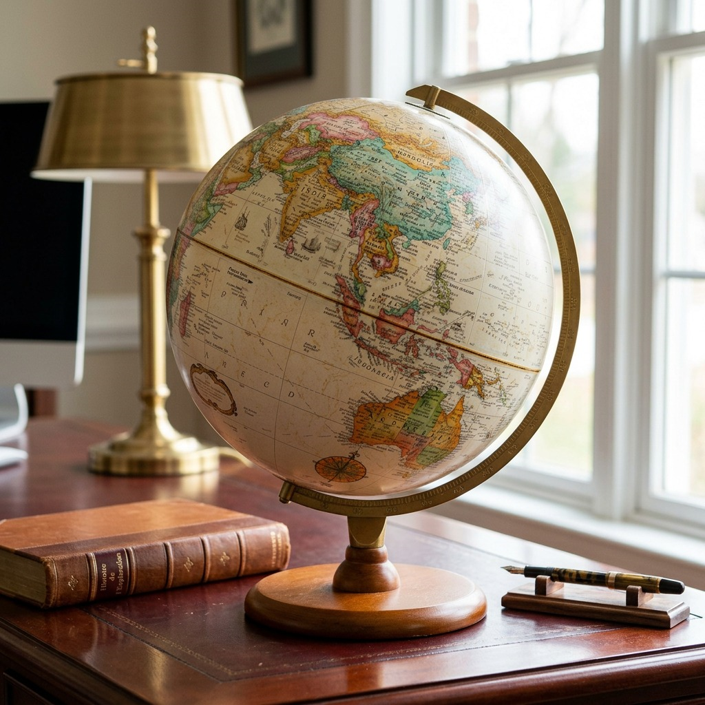 The Replogle Piedmont globe sitting naturally on a polished wood desk in a home office setting.
