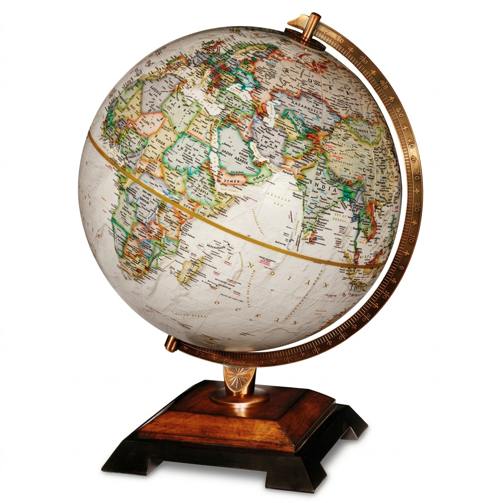 A high-resolution product photography shot of the Replogle National Geographic Bingham desk globe, featuring antique parchment oceans, colorful landmasses, and a detailed metal meridian on a dark wooden base.