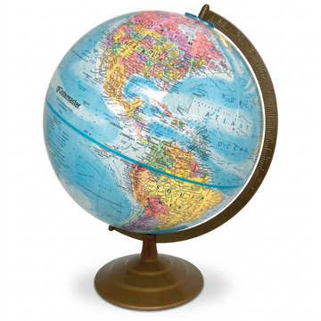 Replogle Globemaster 12" blue ocean desk globe on a gold-finished metal stand.