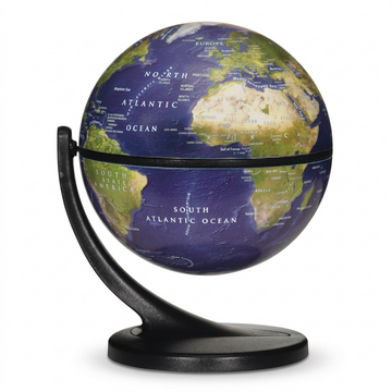 A premium, high-resolution hero shot of the canonical Replogle Satellite Wonderglobe with blue oceans and black stand, centered on a pure white background with a clean shadow.