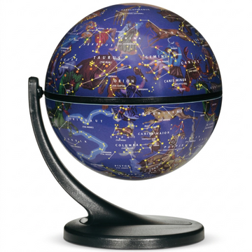 A crisp, pure white-background hero shot of the dark blue Replogle Celestial Wonderglobe on its black metal stand.