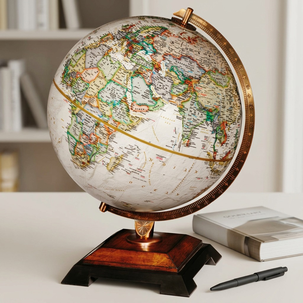 A high-resolution product photography shot of the Replogle National Geographic Bingham desk globe, featuring antique parchment oceans, colorful landmasses, and a detailed metal meridian on a dark wooden base.