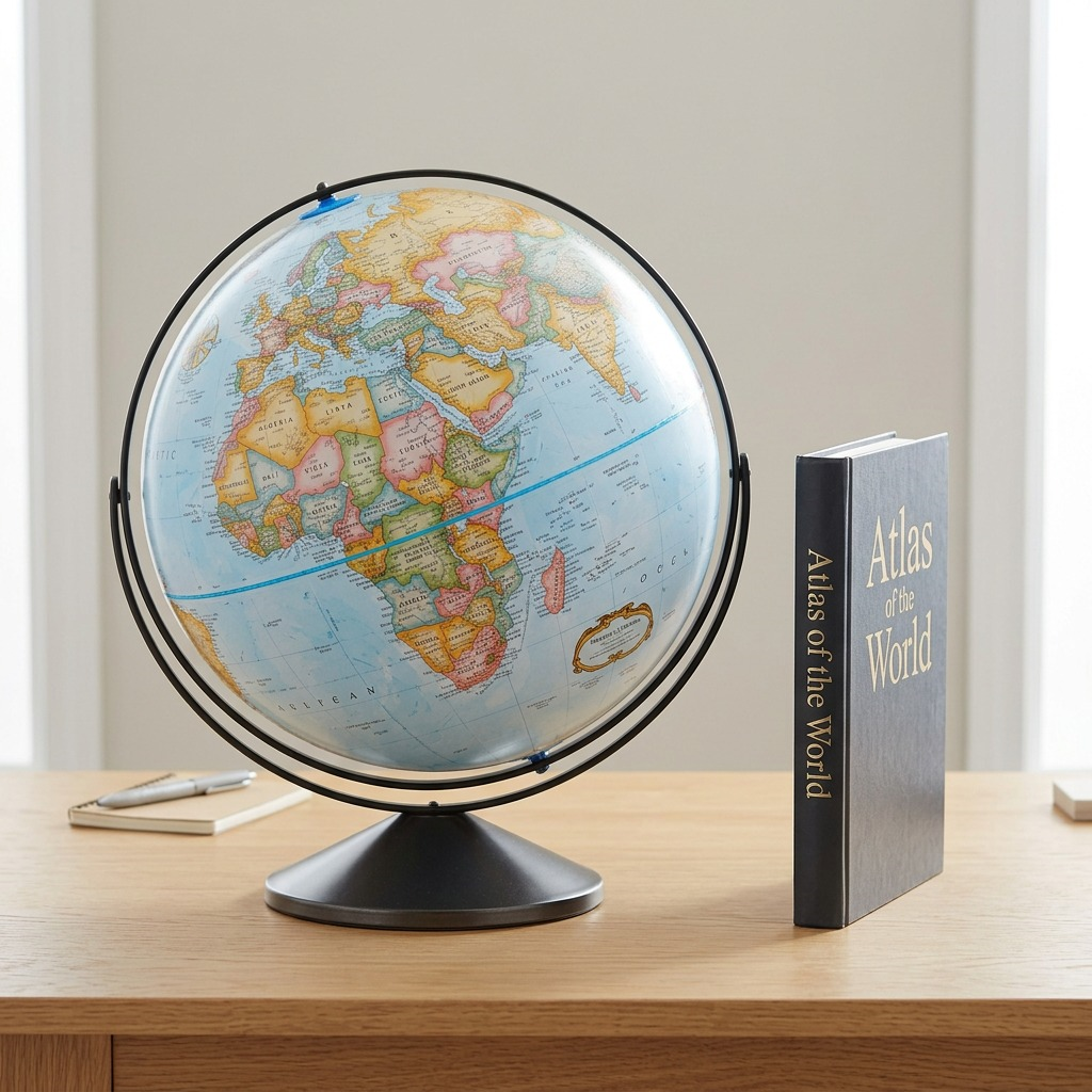 Replogle Globes Eureka Blue Ocean 16" globe in black metal full meridian and base on pure white.