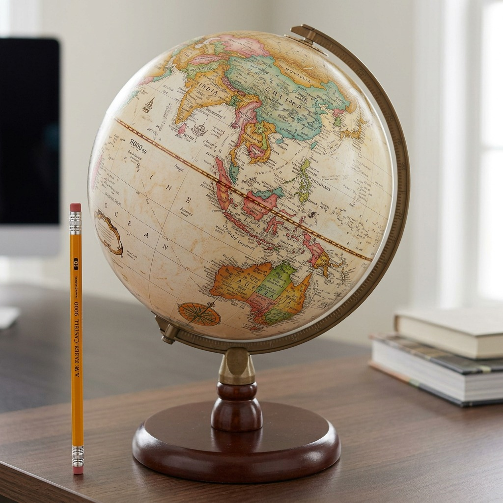 Pure high-resolution hero shot: Replogle Quincy index desk globe on white bkg.