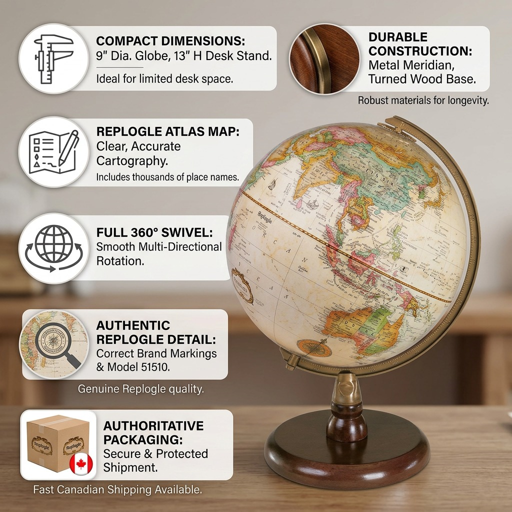 Replogle Quincy – Globe de bureau 9 po antique EN — Infographie présentant les caractéristiques