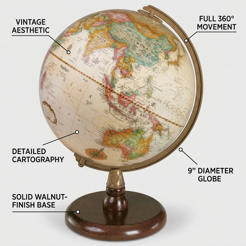 Replogle Quincy – Globe de bureau 9 po antique EN — Infographie présentant les caractéristiques