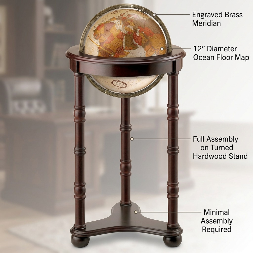 Replogle Lancaster – Globe sur pied 12 po bronze EN — Infographie présentant les caractéristiques