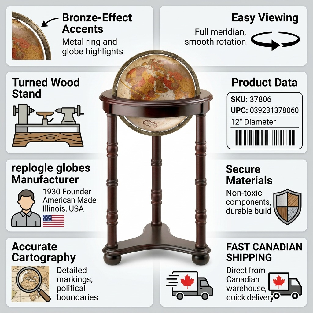 Replogle Lancaster – Globe sur pied 12 po bronze EN — Infographie présentant les caractéristiques