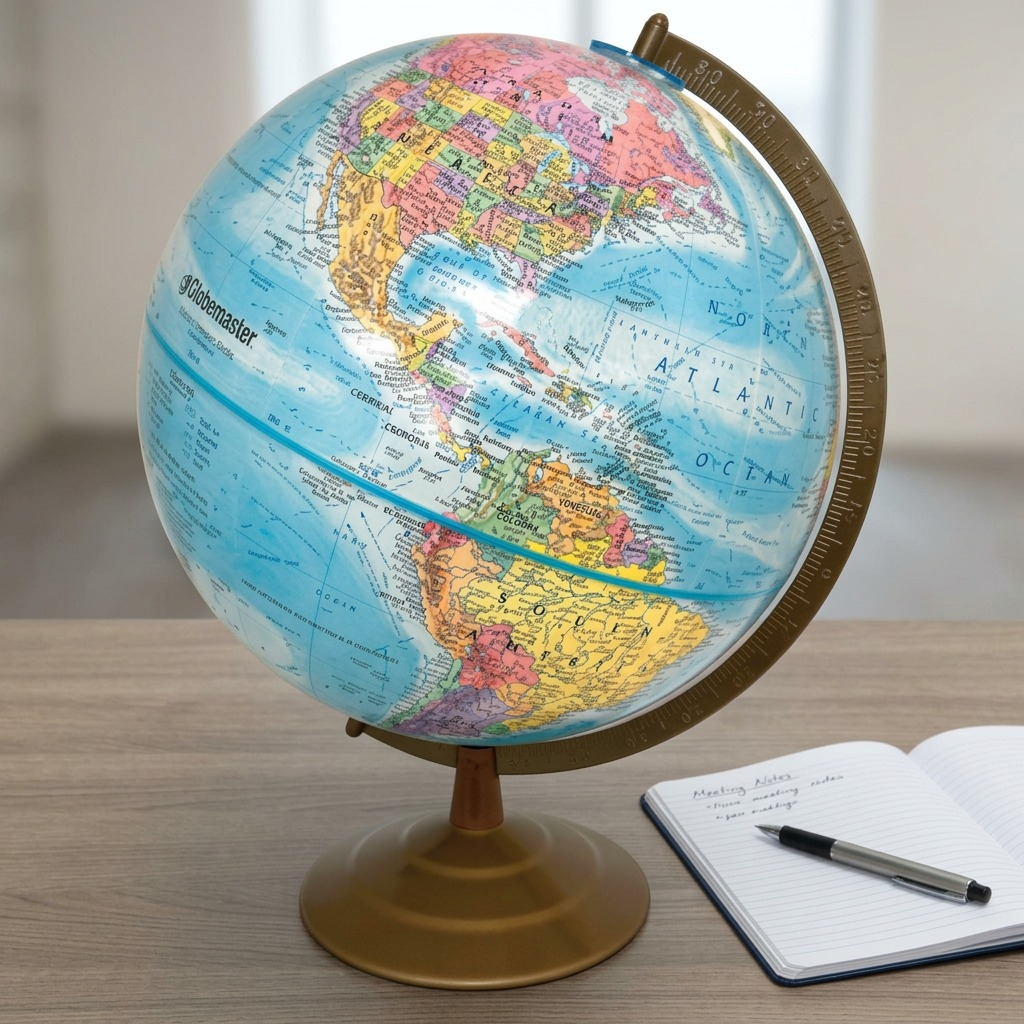 Replogle Globemaster 12" blue ocean desk globe on a gold-finished metal stand.