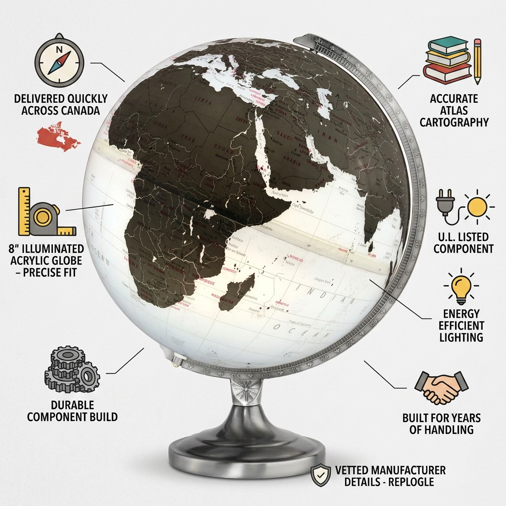 A high-resolution hero shot on white of the illuminated Replogle Kristian globe, highlighting its charcoal-and-parchment world map and metallic silver trim.