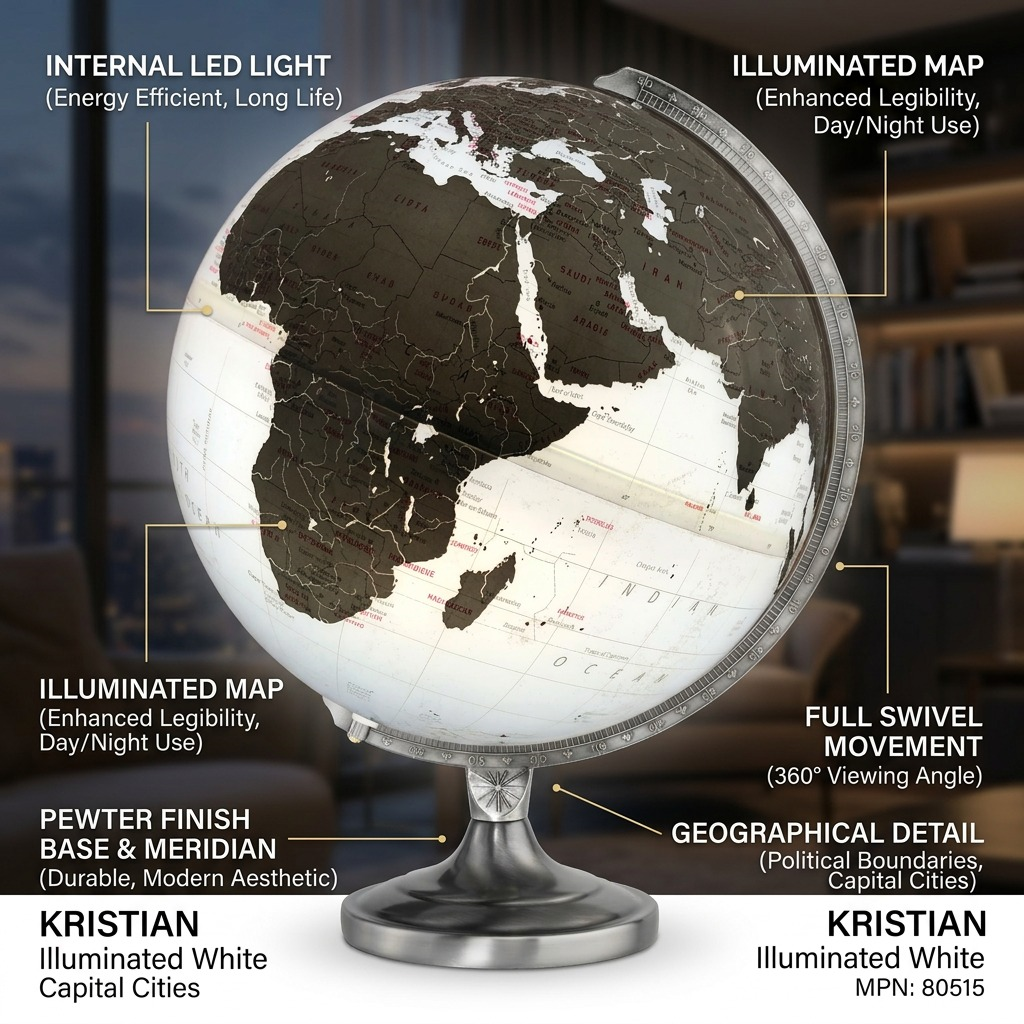 Replogle KRISTIAN – Globe lumineux blanc — Infographie présentant les caractéristiques