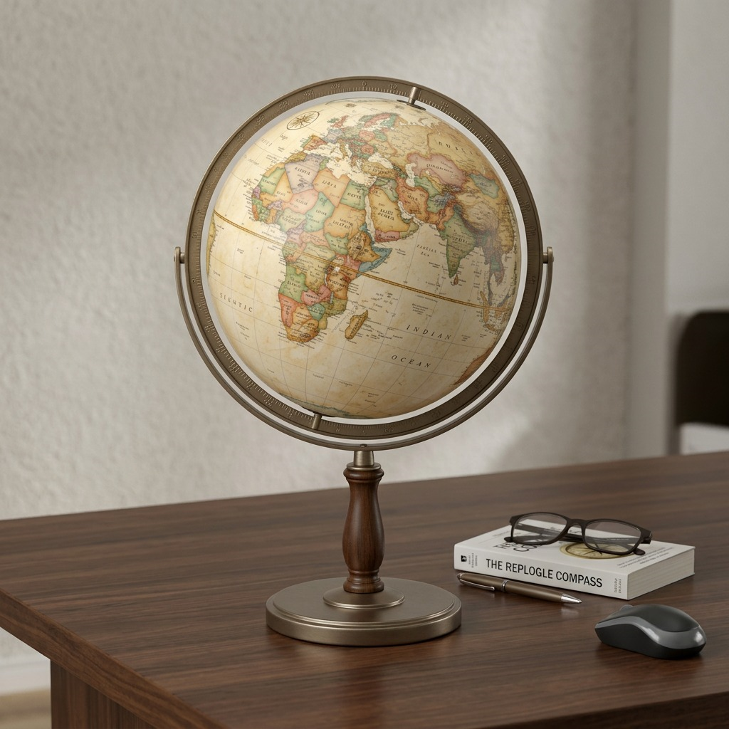 A pristine high-resolution photo of the Replogle Globes Treasury Globe on its metal stand against a pure white background.