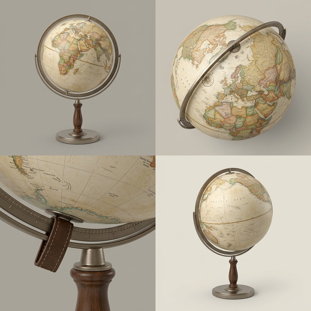 Four distinct views of the Replogle Globes Treasury Globe are arranged on a premium visual matrix grid.