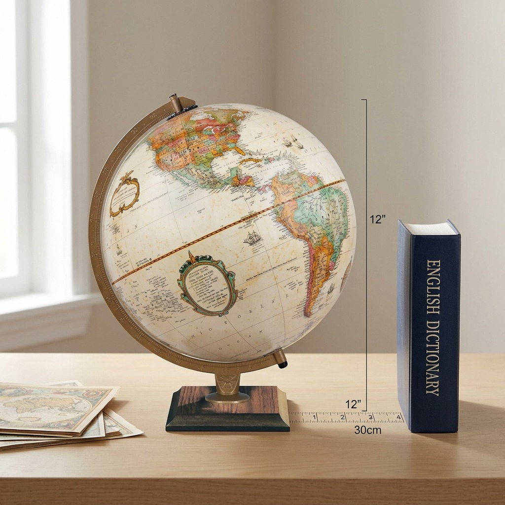 Antique ocean desk globe with bronze meridian and square wood base on white background.