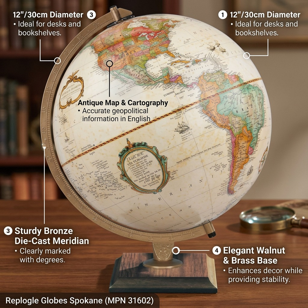 A clean e-commerce callout image highlighting the features of the Replogle Globes Spokane 12" Antique Ocean Desk Globe. Labels and pointer lines point to parts like the 12"/30cm Diameter, Antique Map & Cartography, Sturdy Bronze Die-Cast Meridian, and Elegant Walnut & Brass Base, each providing a short benefit-oriented description grounded in product data. Factual specifications and a study background complete the visual matrix slide.