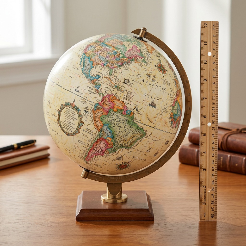 High-resolution hero shot of the Replogle Forester anchor_01, featuring a detailed antique ocean map on a dark wood and brass stand, centered against a pure white background.