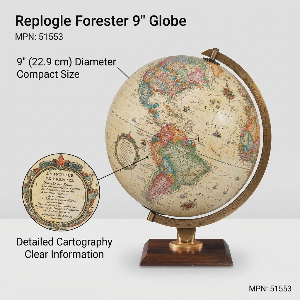Replogle Forester – Globe de bureau 9 po antique FR — Infographie présentant les caractéristiques