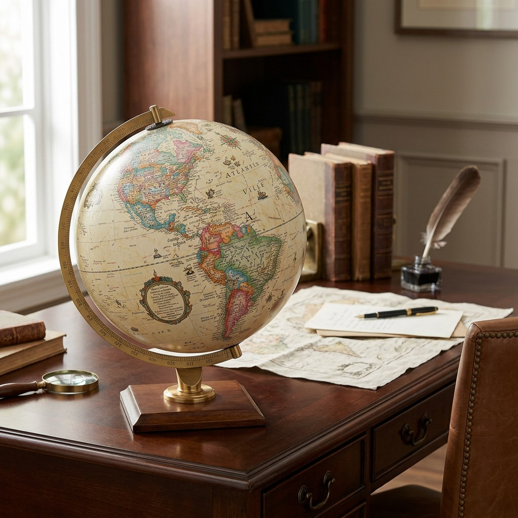 Replogle Forester – Globe de bureau 9 po antique FR — Présentation dans un décor de bureau ou de maison