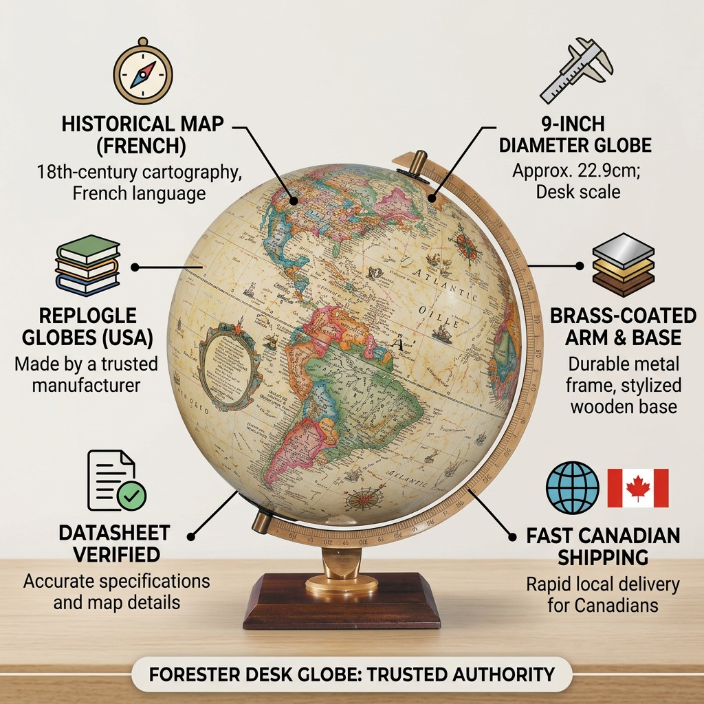 Replogle Forester – Globe de bureau 9 po antique FR — Présentation du produit et de son emballage
