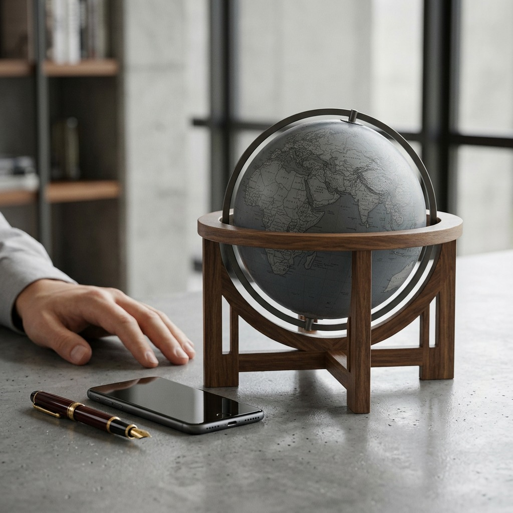 Pure high-resolution hero shot of the gray globe on its wood stand against a white background.