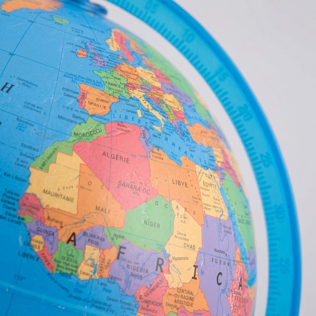 Macro detail of the Replogle Adventurer globe showing fine French text and map texture.