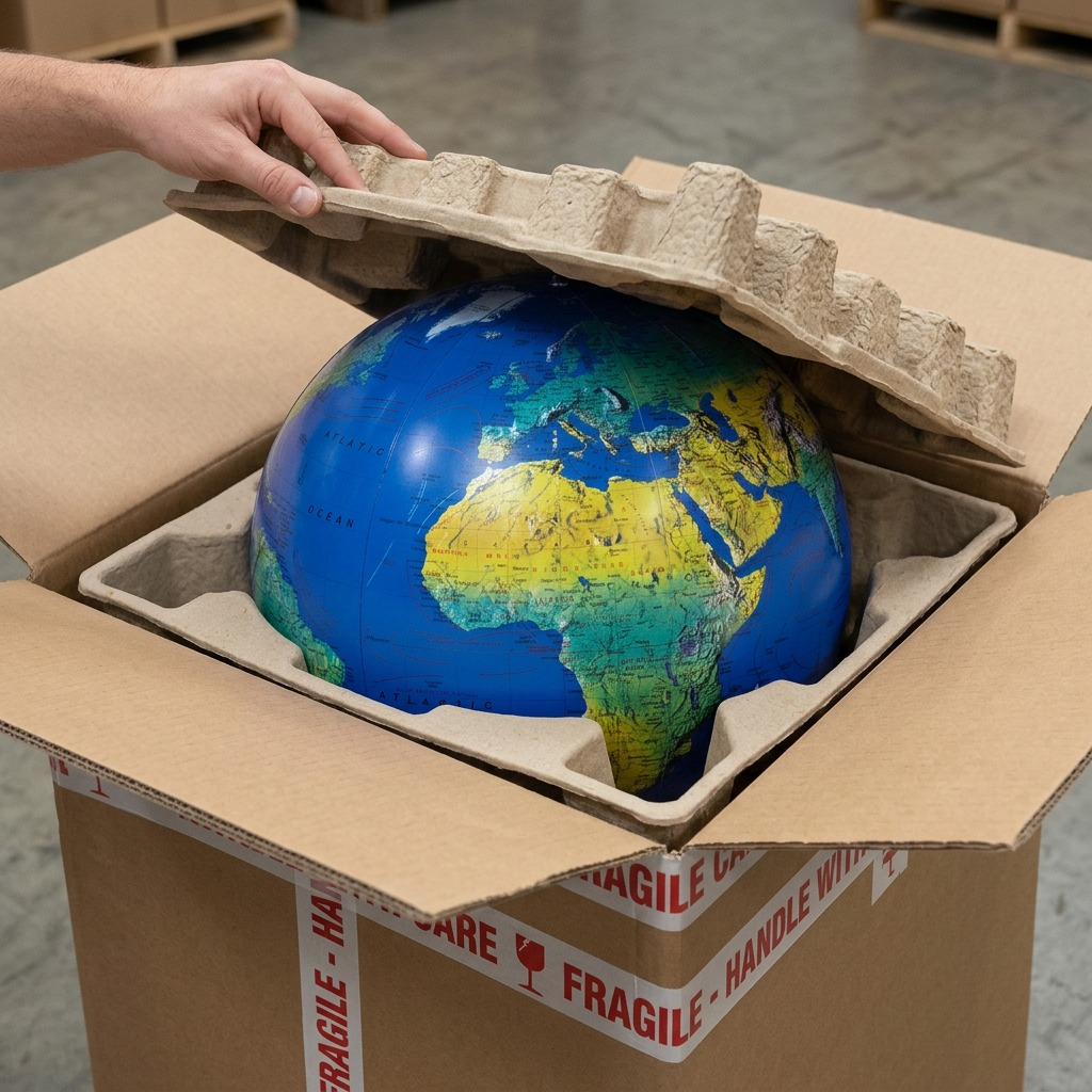 A safe unboxing scene: The Replogle inflatable globe rests securely within protective custom-molded pulp trays inside a clean, open cardboard box.