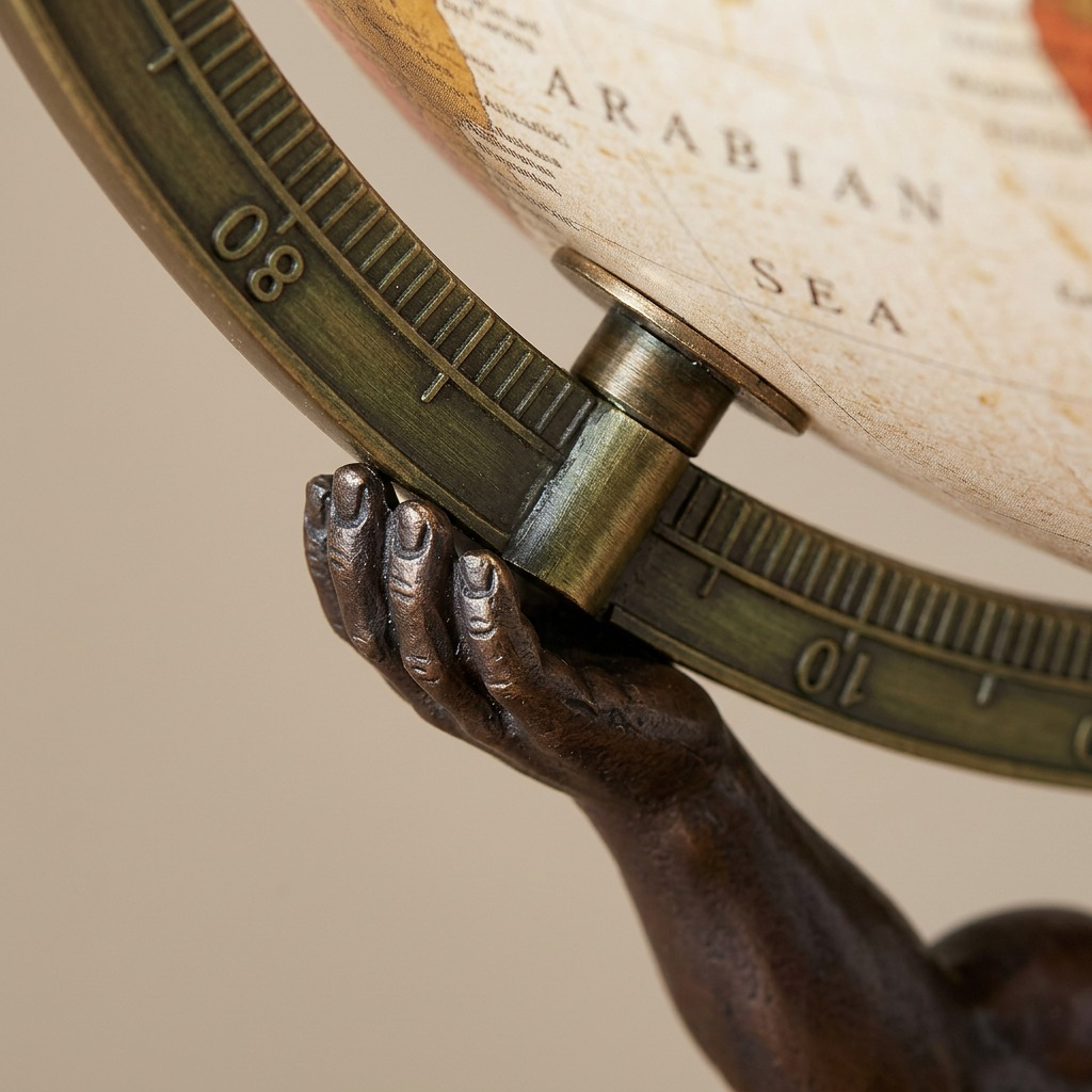A detailed bronze Atlas figurine holds up a 12-inch metallic ocean globe in this premium hero shot.