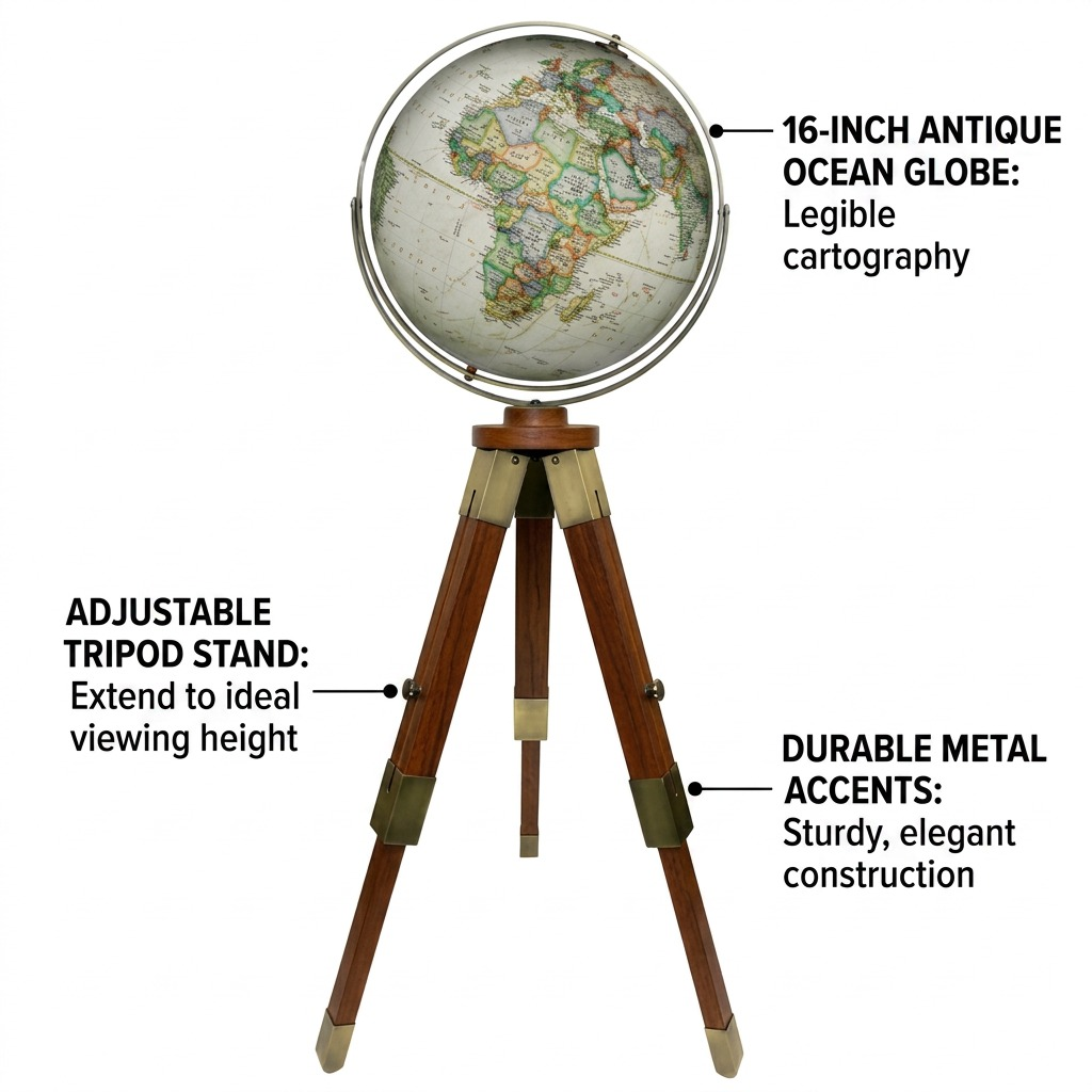 A focused ecommerce hero shot of the the Replogle Eaton III 16-inch antique floor globe (MPN 24900) on wood tripod.