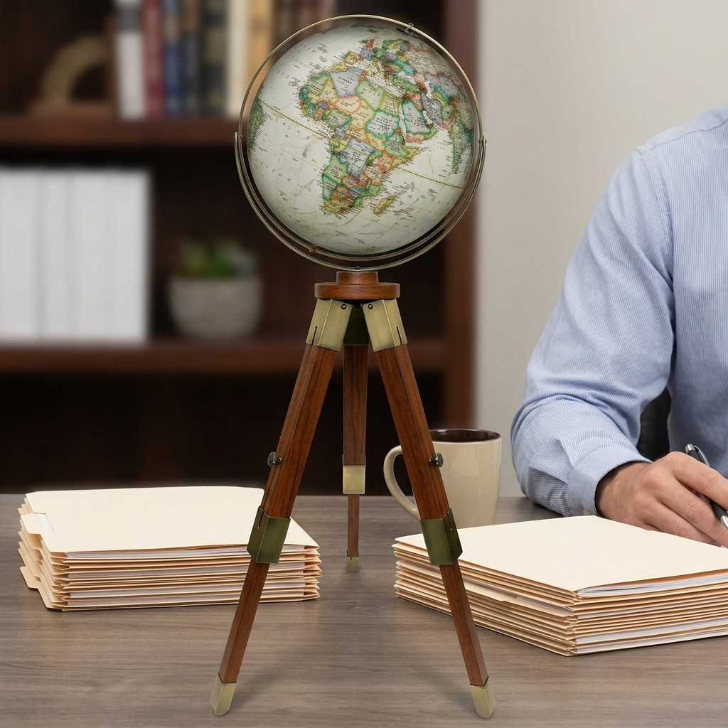 Replogle NG Eaton III – Globe sur pied 16 po antique — Vue du produit avec repère de taille