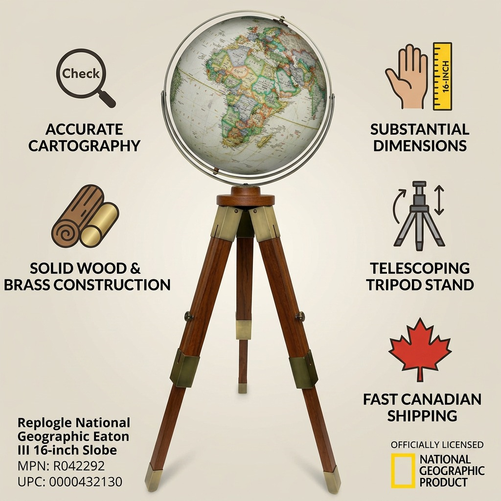 Replogle NG Eaton III – Globe sur pied 16 po antique — Infographie présentant les caractéristiques