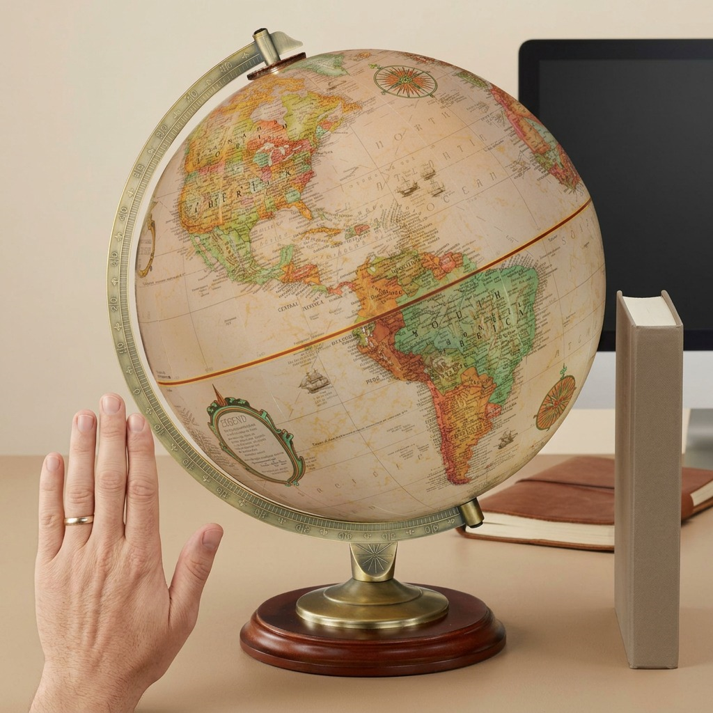 Replogle Globes Kingston 12" Antique Ocean Desk Globe with French labels and brass-plated meridian on a wood base.