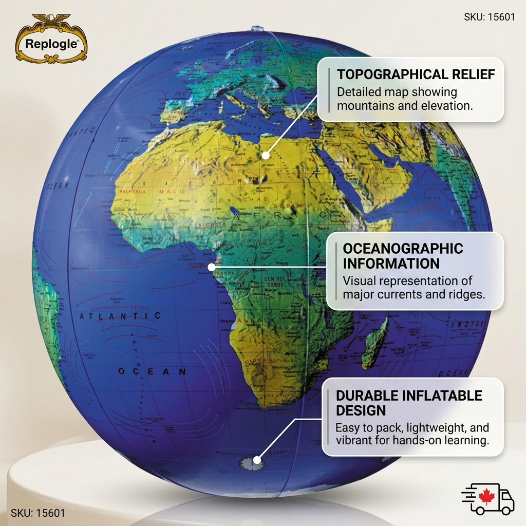 A features graphic showing the inflatable globe on a soft background, with brief factual callouts.