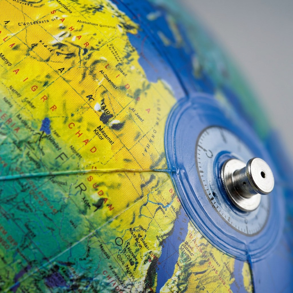 Extreme close-up of a blue inflatable top globe with detailed maps of Africa and Asia.