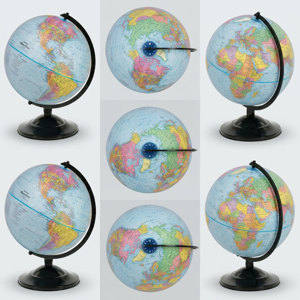A three-column grid image displaying the Replogle world globe from dynamic complementary angles.