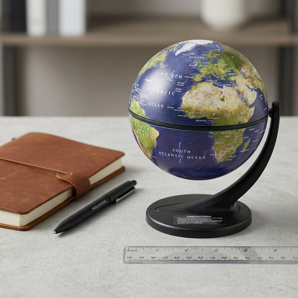 A premium, high-resolution hero shot of the canonical Replogle Satellite Wonderglobe with blue oceans and black stand, centered on a pure white background with a clean shadow.